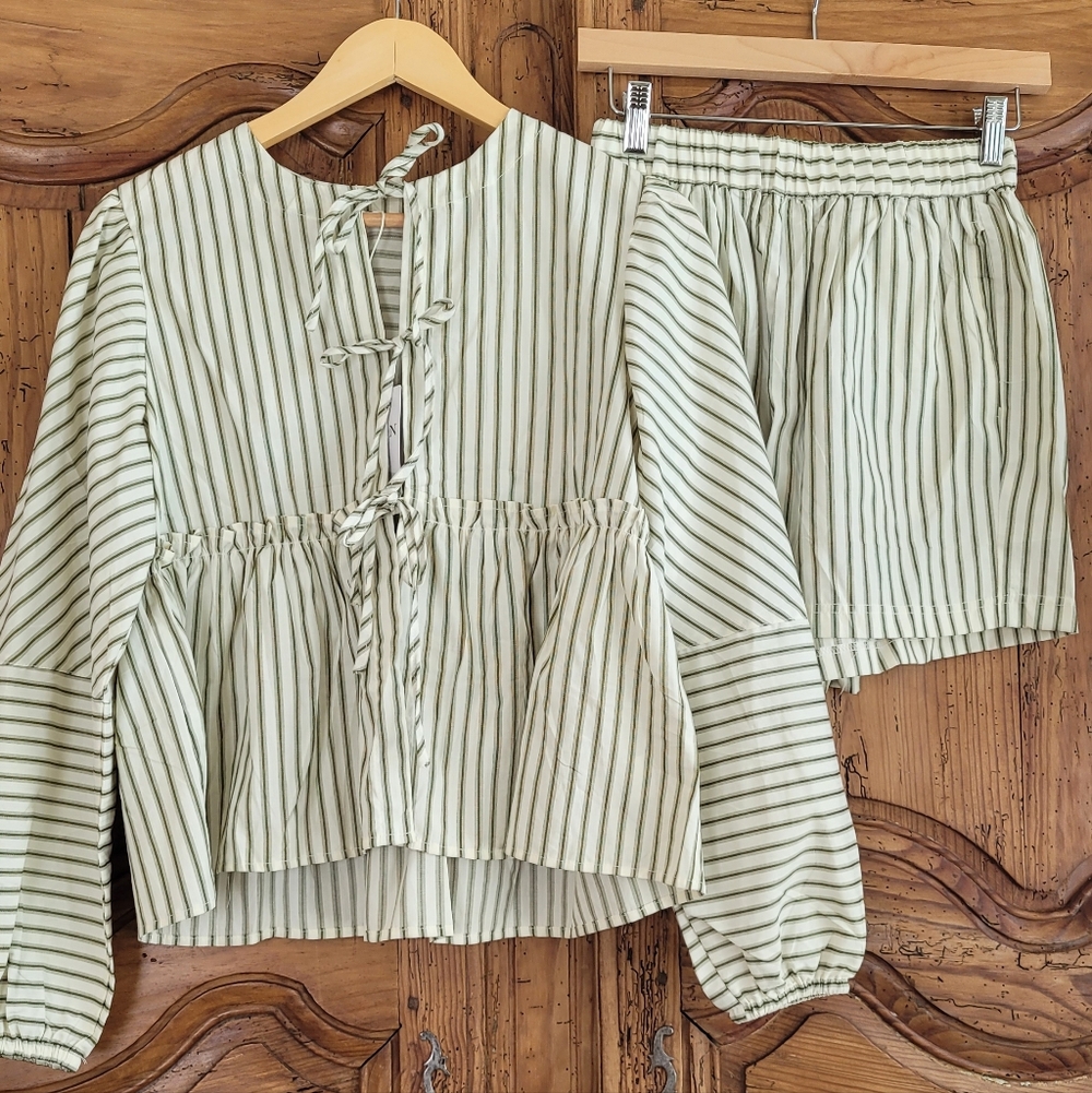 Striped Peplum Tie-Front Women’s Top in Light Sage